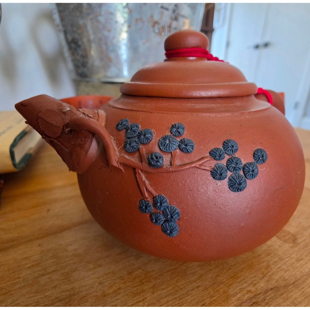Vintage Chinese Yixing Zisha Clay Tea Set - Teapot + 4 Calligraphy Cups